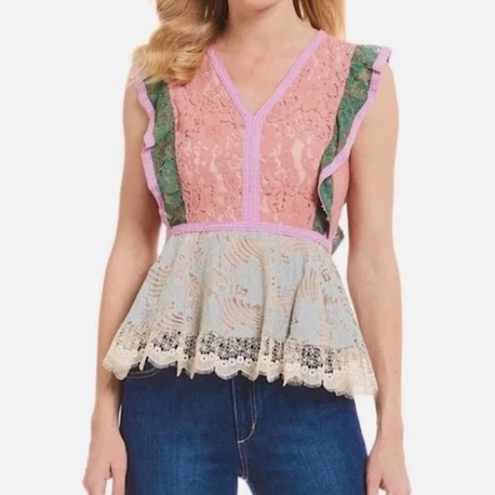 EUC! Sugar Lips Marilyn Lace Peplum Top size S Multi-Color Shirt Sugarlips